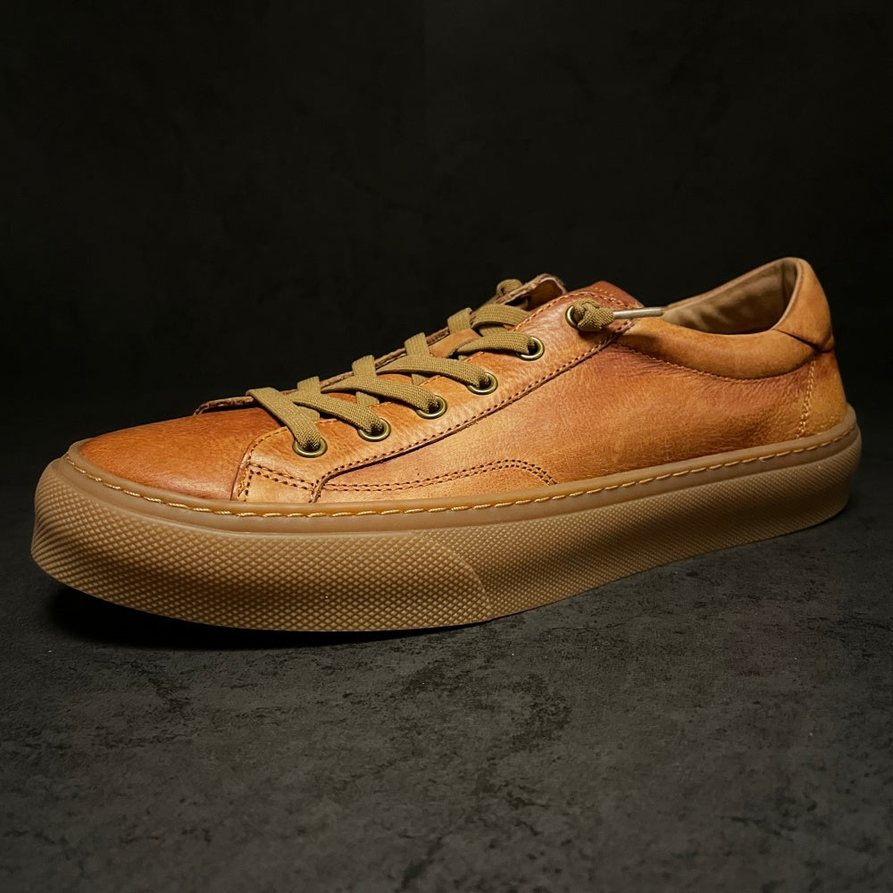 Retro casual men's shoes - Brown flat leather shoes with breathable texture, stylish and comfortable.