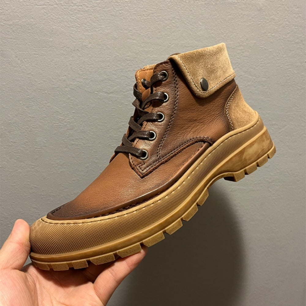 Retro high-top shoes made of genuine leather, with sewn shoelaces, short boot style, for men.