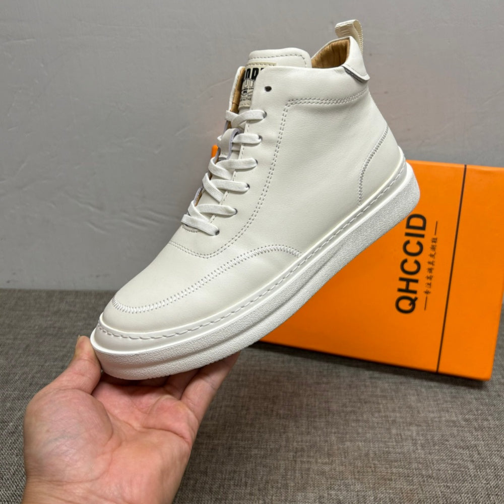 New men's high-top leather shoes, men's pure leather casual white shoes, men's short boots