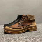 Retro high-top shoes made of genuine leather, with sewn shoelaces, short boot style, for men.