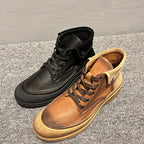 Retro high-top shoes made of genuine leather, with sewn shoelaces, short boot style, for men.