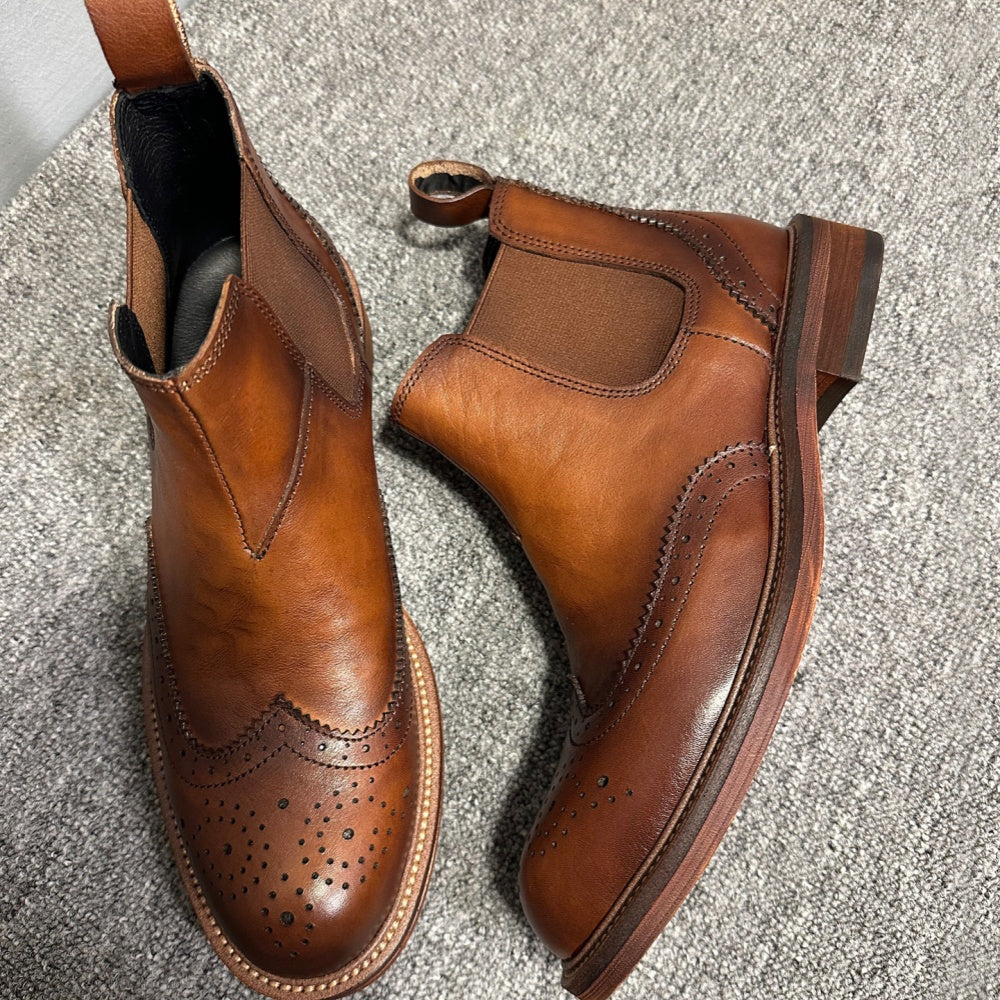 Men's high-end embossed Chelsea boots - made of top-quality leather by hand. High-top business shoes.