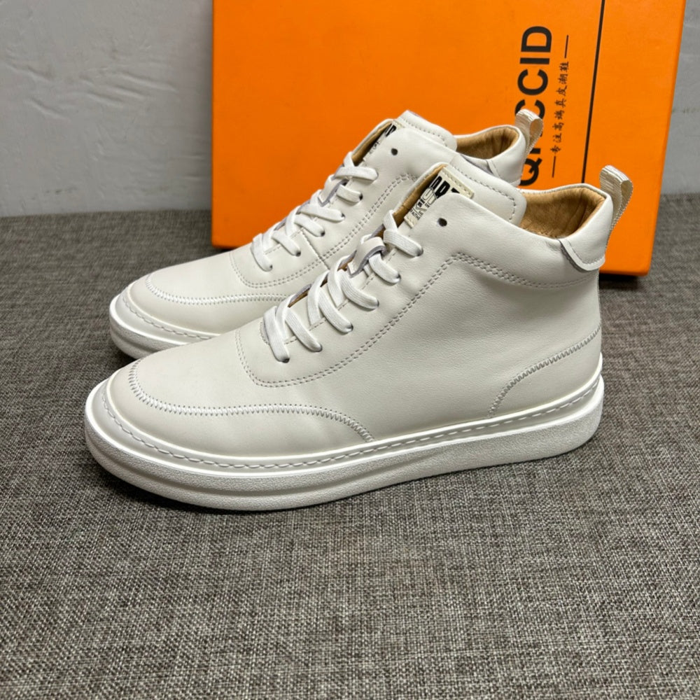 New men's high-top leather shoes, men's pure leather casual white shoes, men's short boots