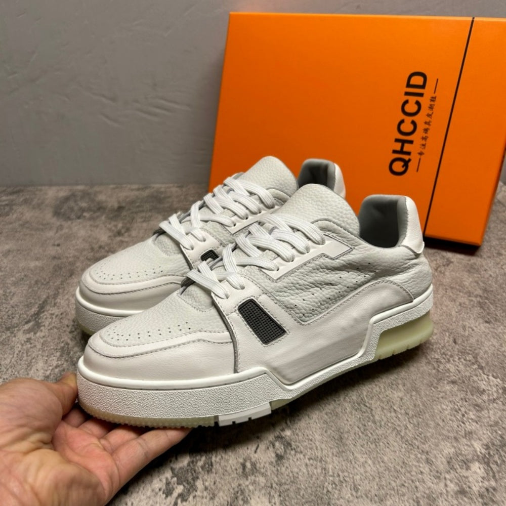 Men's genuine leather sports shoes - White thick-soled casual fashionable shoes - New and brand-new style