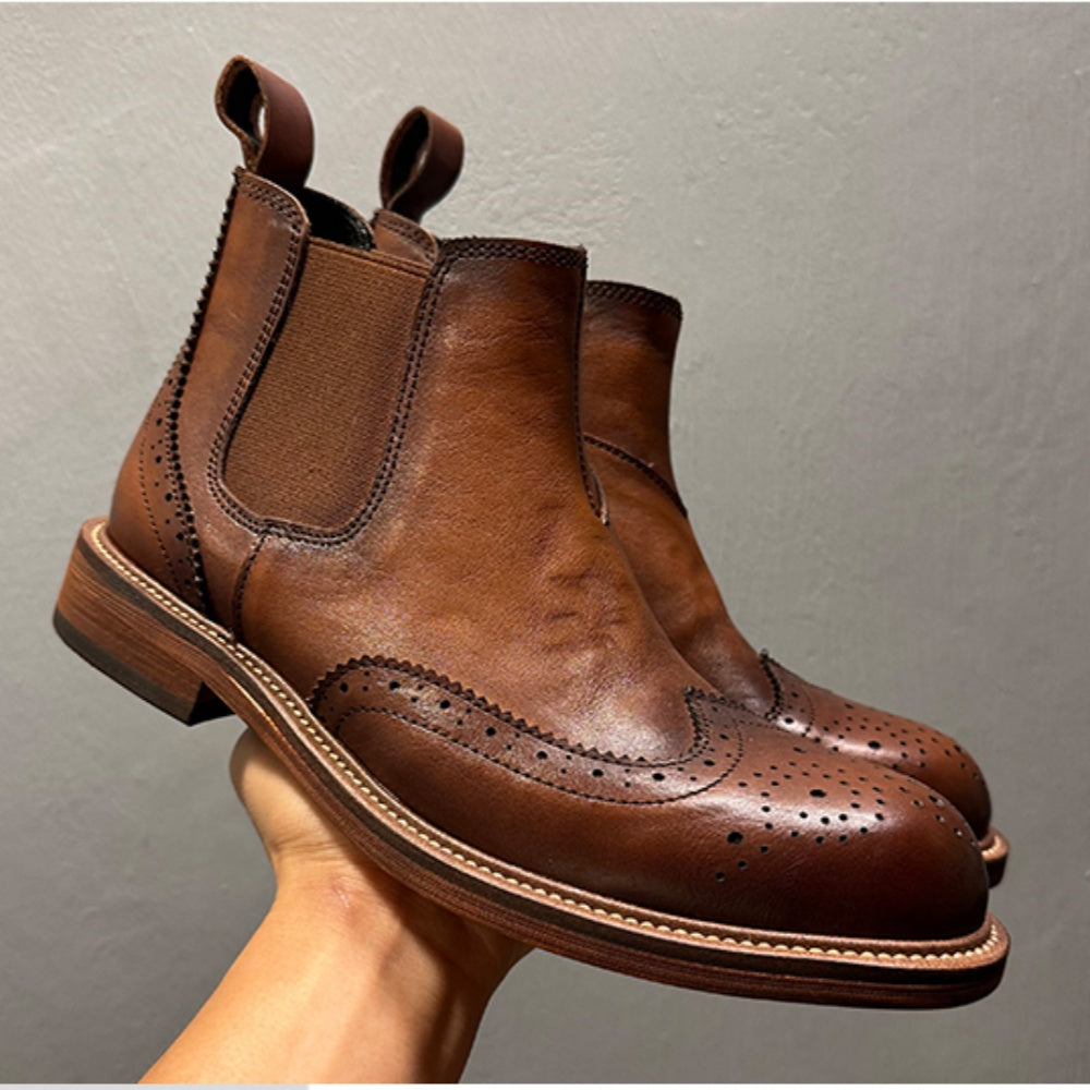 Men's high-end embossed Chelsea boots - made of top-quality leather by hand. High-top business shoes.