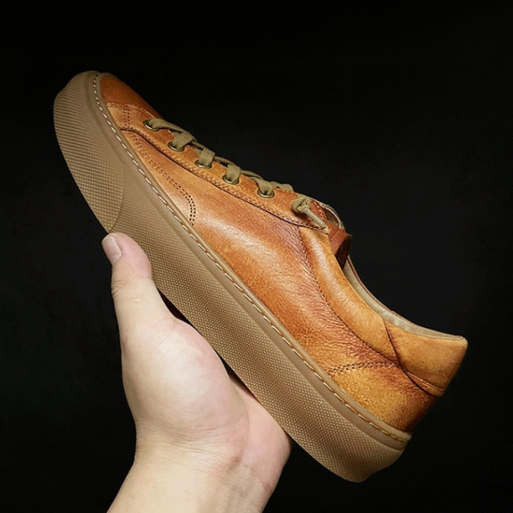 Retro casual men's shoes - Brown flat leather shoes with breathable texture, stylish and comfortable.
