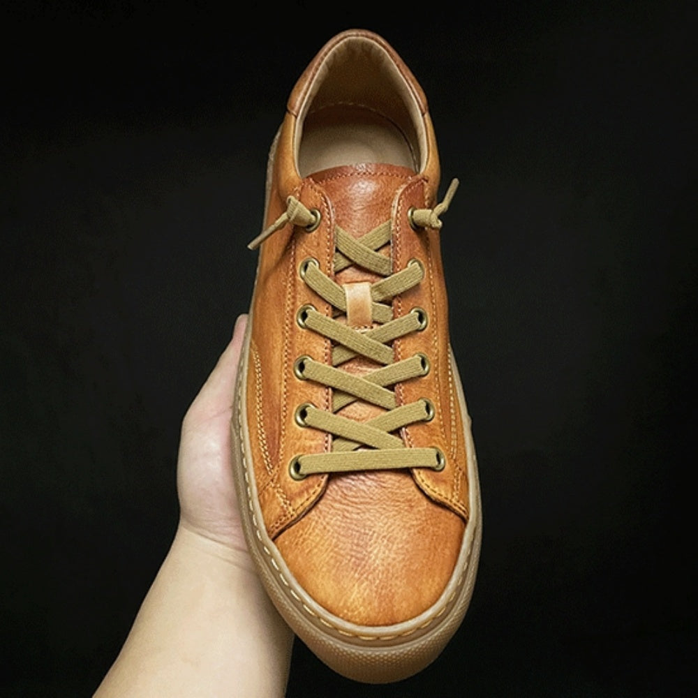 Retro casual men's shoes - Brown flat leather shoes with breathable texture, stylish and comfortable.