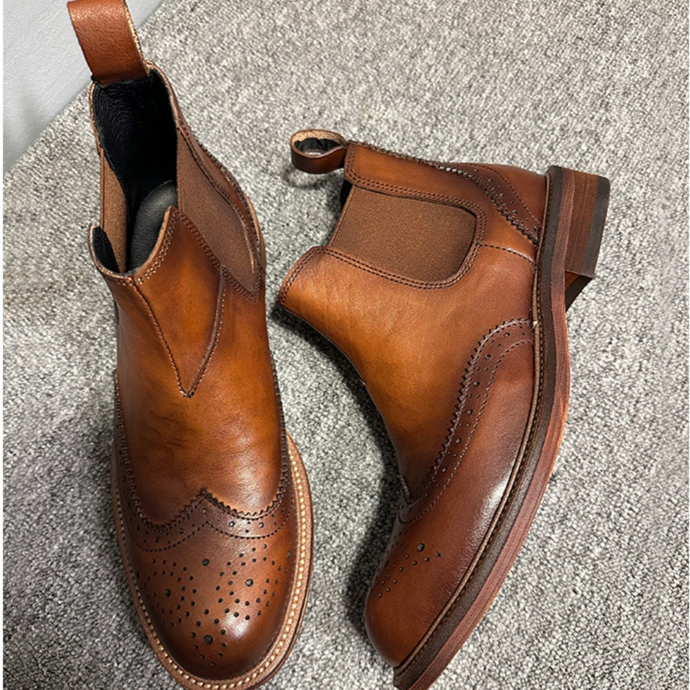 Men's high-end embossed Chelsea boots - made of top-quality leather by hand. High-top business shoes.