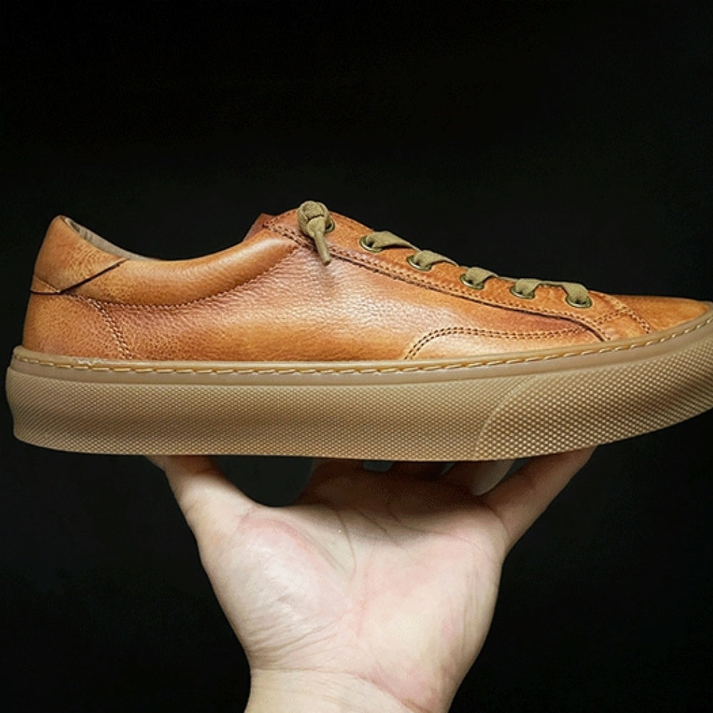 Retro casual men's shoes - Brown flat leather shoes with breathable texture, stylish and comfortable.
