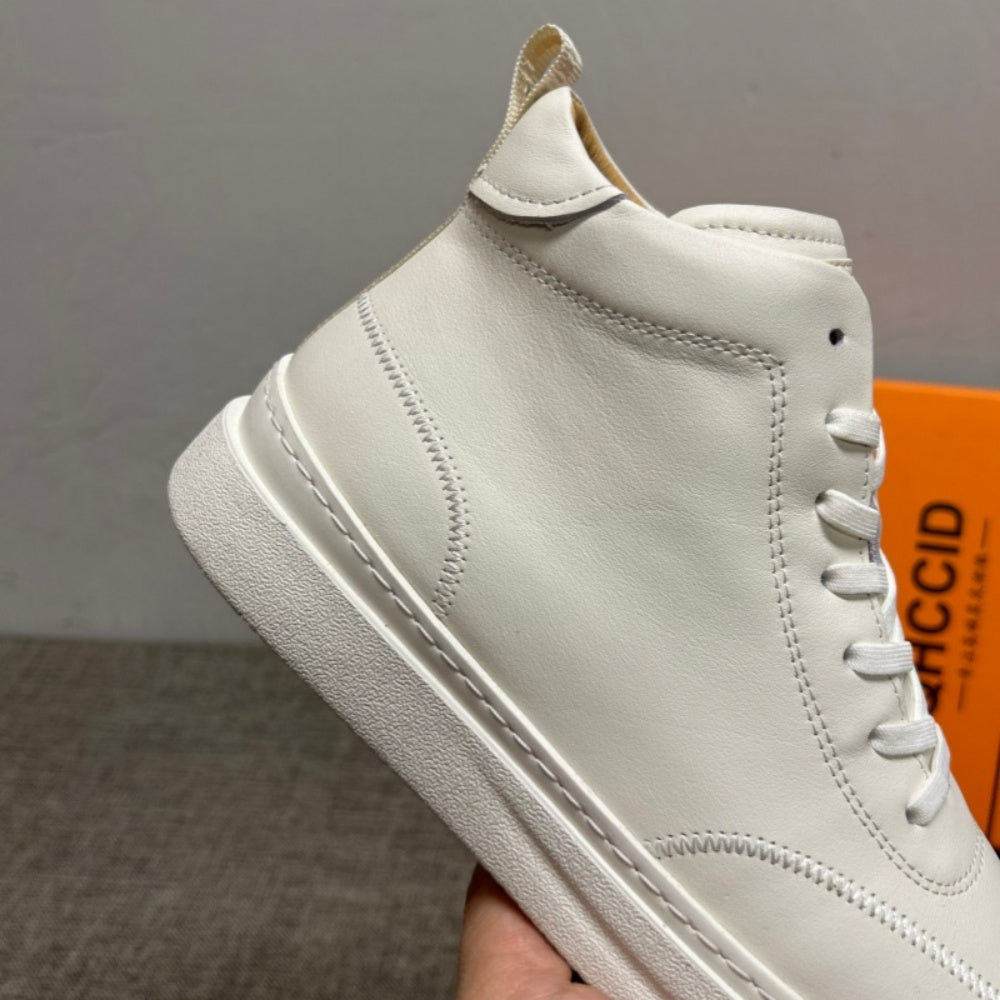 New men's high-top leather shoes, men's pure leather casual white shoes, men's short boots