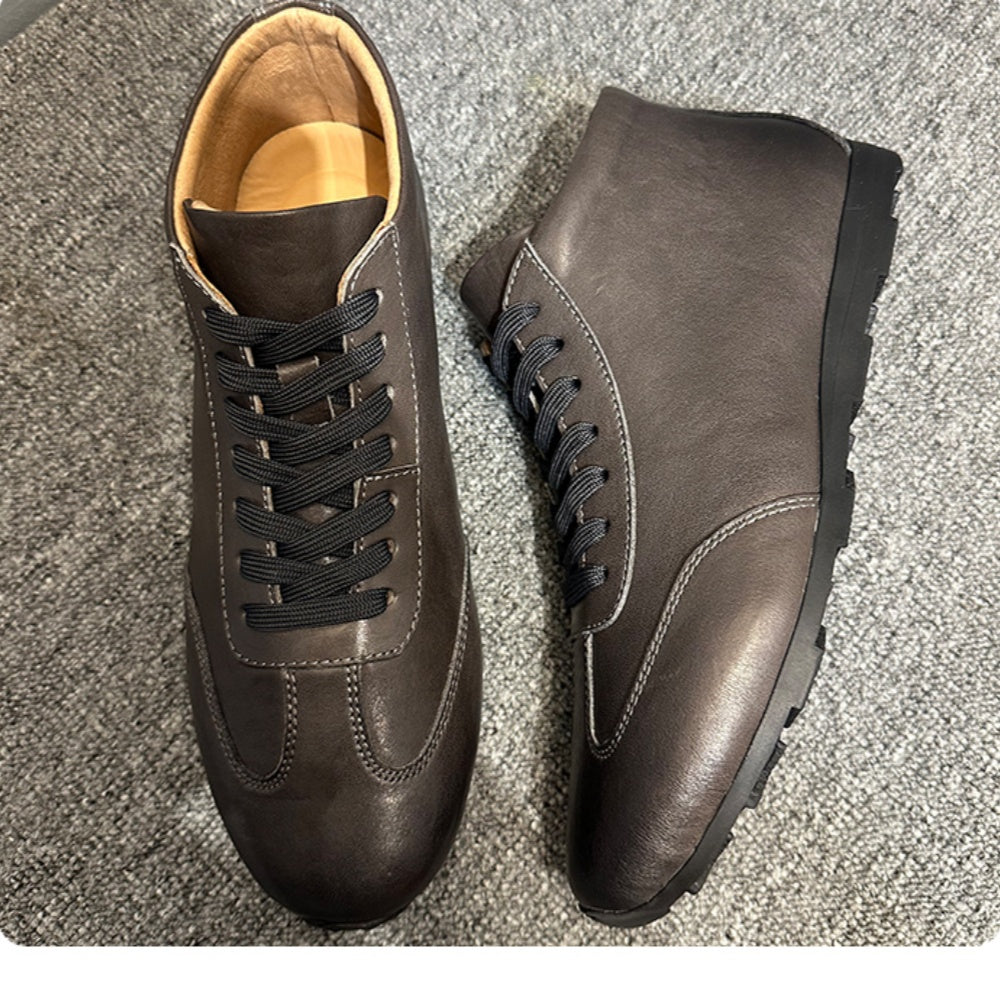High-top men's new leather casual shoes, flat-soled lace-up boots, retro and versatile black shoes