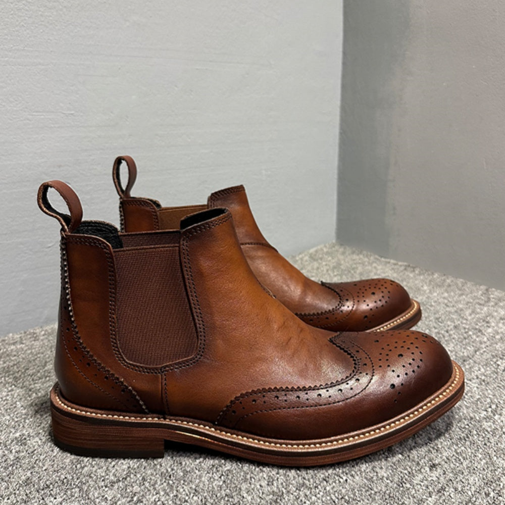 Men's high-end embossed Chelsea boots - made of top-quality leather by hand. High-top business shoes.