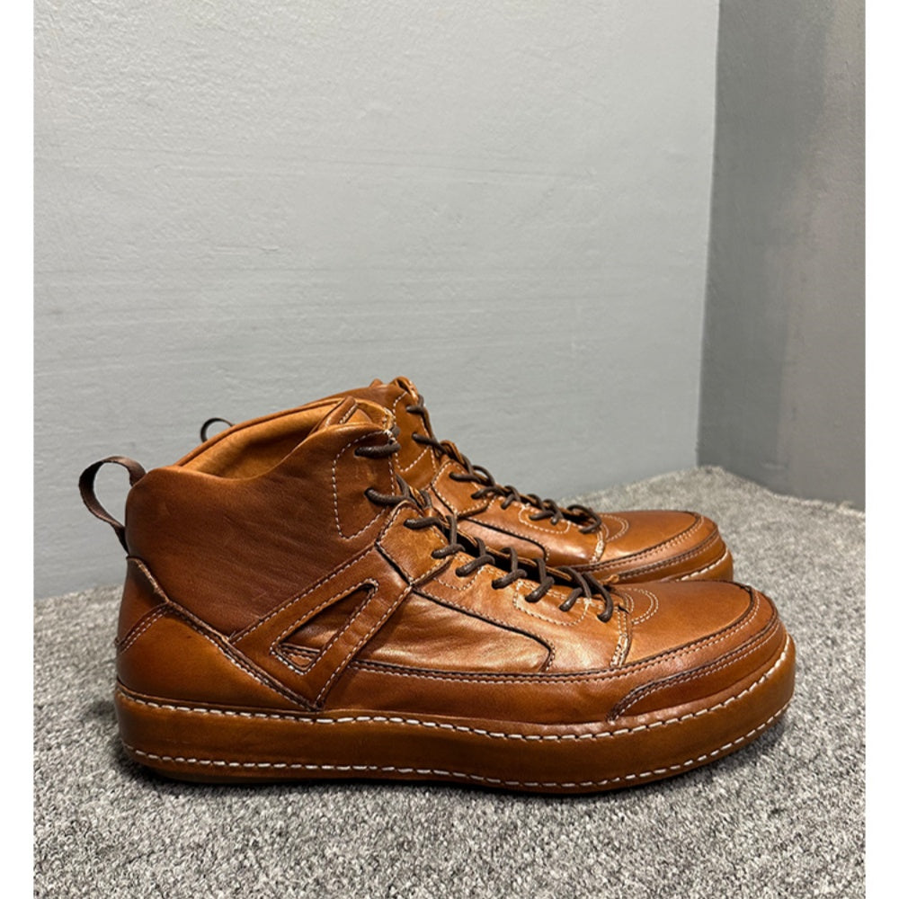 High-end genuine leather high-top men's shoes, retro thick-soled work boots, handcrafted men's boots