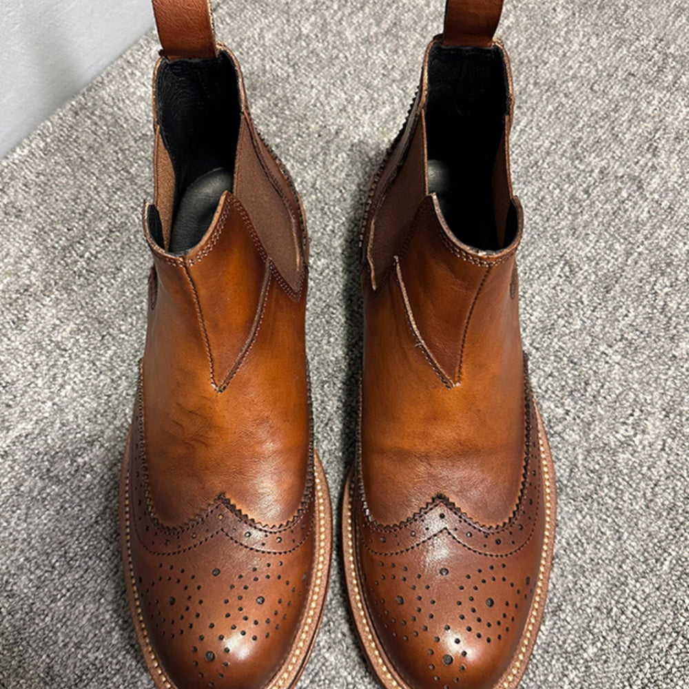 Men's high-end embossed Chelsea boots - made of top-quality leather by hand. High-top business shoes.