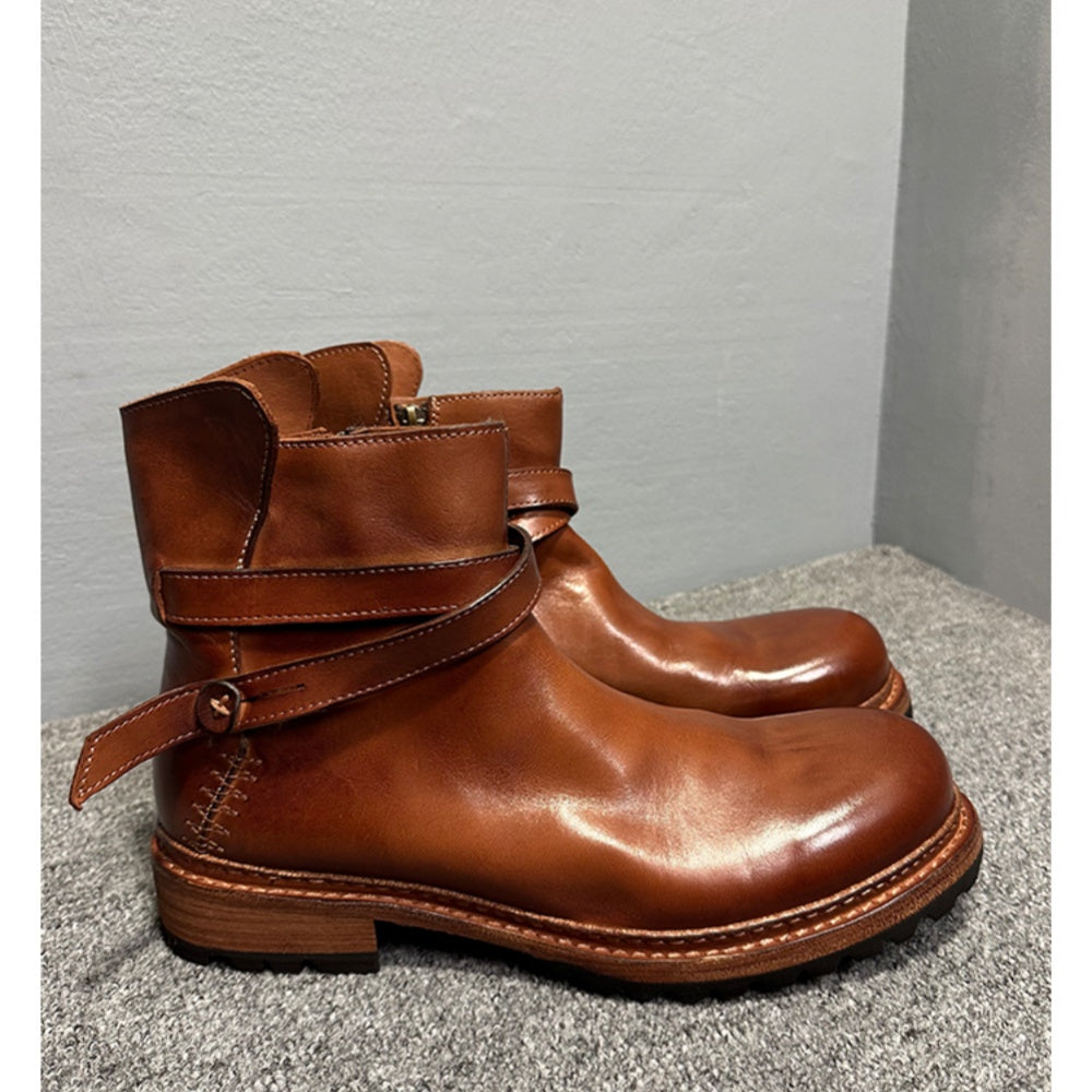 Cowhide boots, soft leather Chelsea boots, handcrafted entirely, short boots with leather buckles
