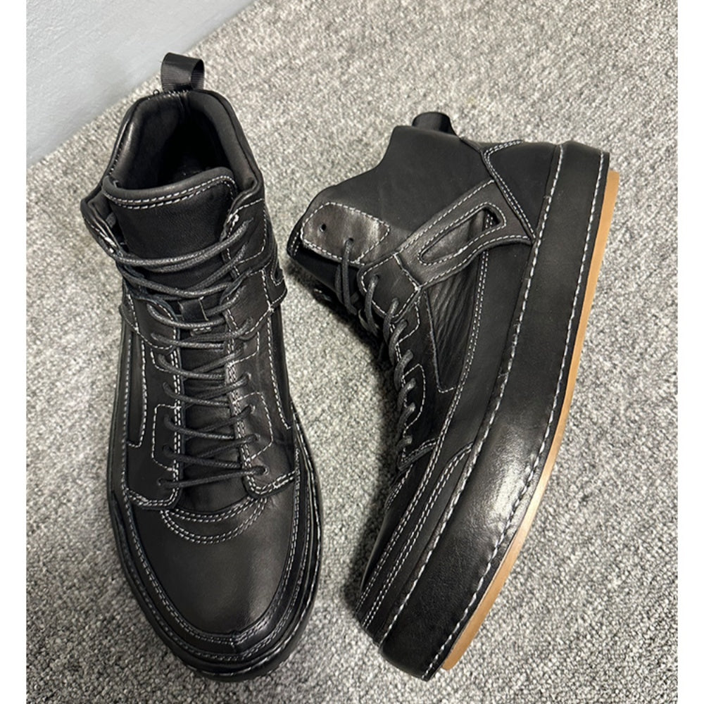 High-end genuine leather high-top men's shoes, retro thick-soled work boots, handcrafted men's boots