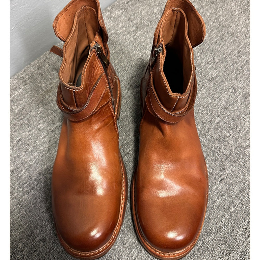 Cowhide boots, soft leather Chelsea boots, handcrafted entirely, short boots with leather buckles