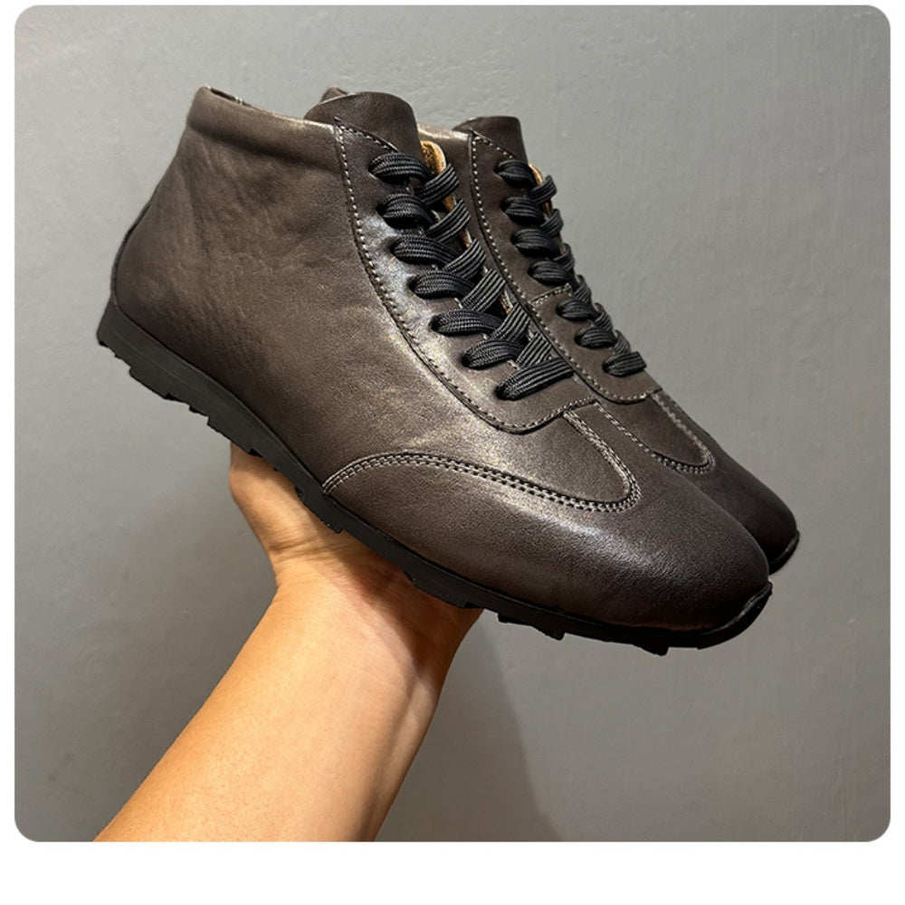 High-top men's new leather casual shoes, flat-soled lace-up boots, retro and versatile black shoes