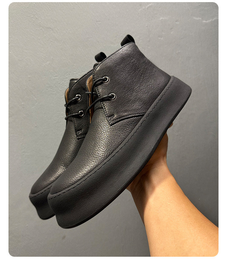 Men's new leather thick-textured suede high-top casual shoes, with thick sole and high-top design.