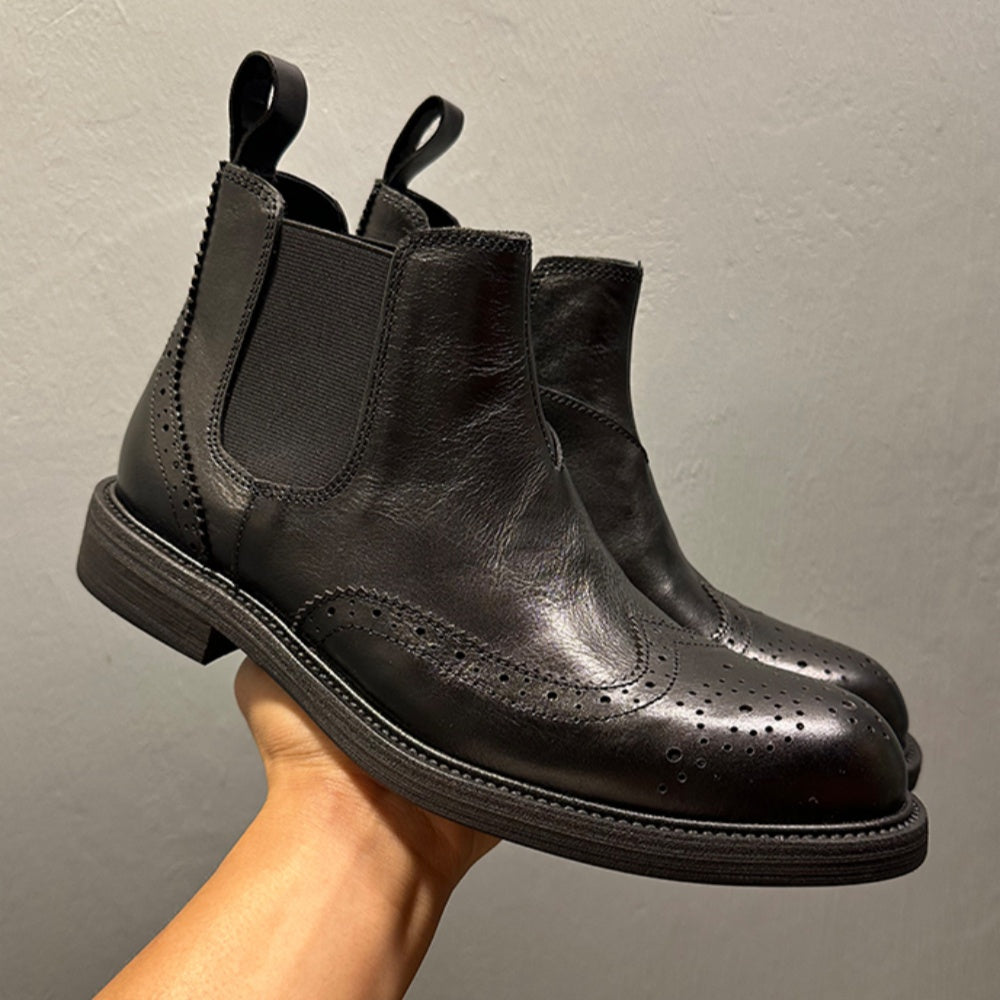 Men's high-end embossed Chelsea boots - made of top-quality leather by hand. High-top business shoes.