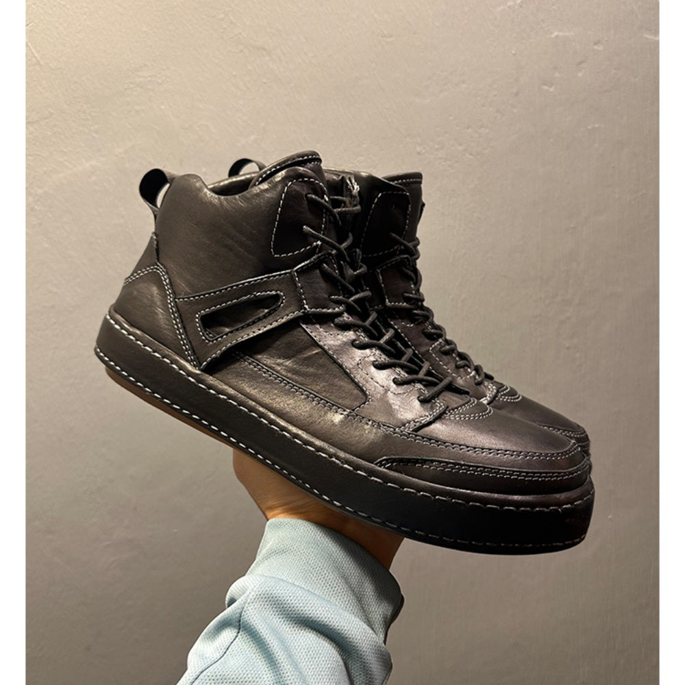 High-end genuine leather high-top men's shoes, retro thick-soled work boots, handcrafted men's boots