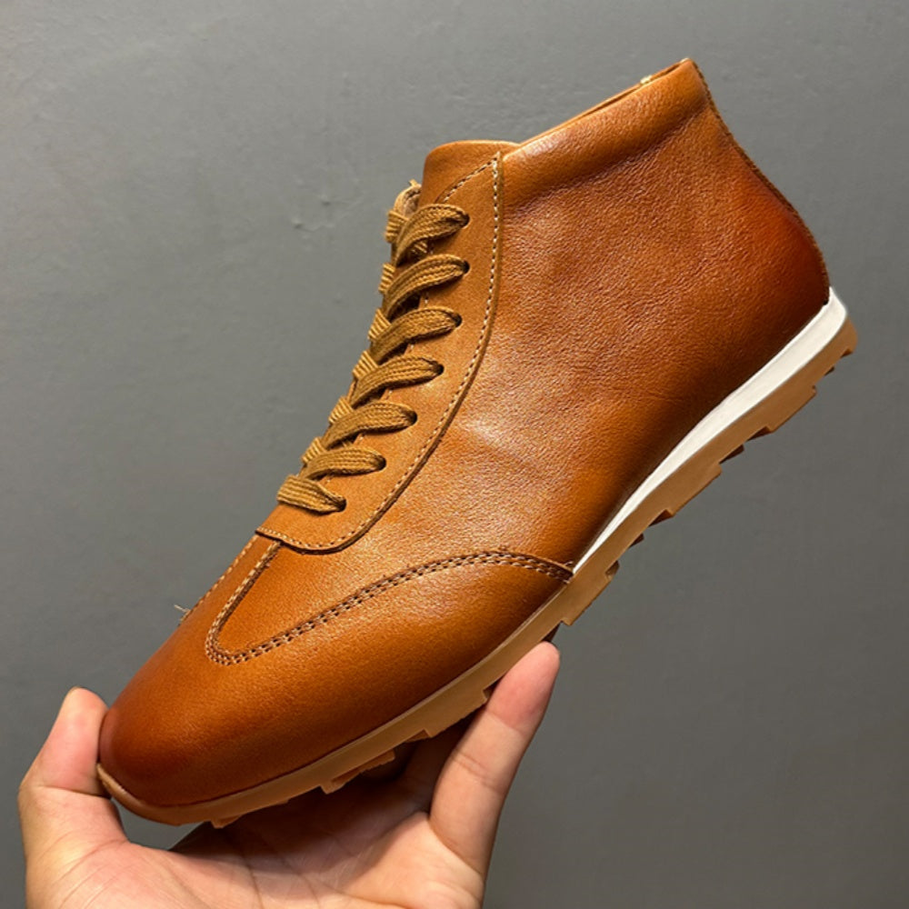 High-top men's new leather casual shoes, flat-soled lace-up boots, retro and versatile black shoes