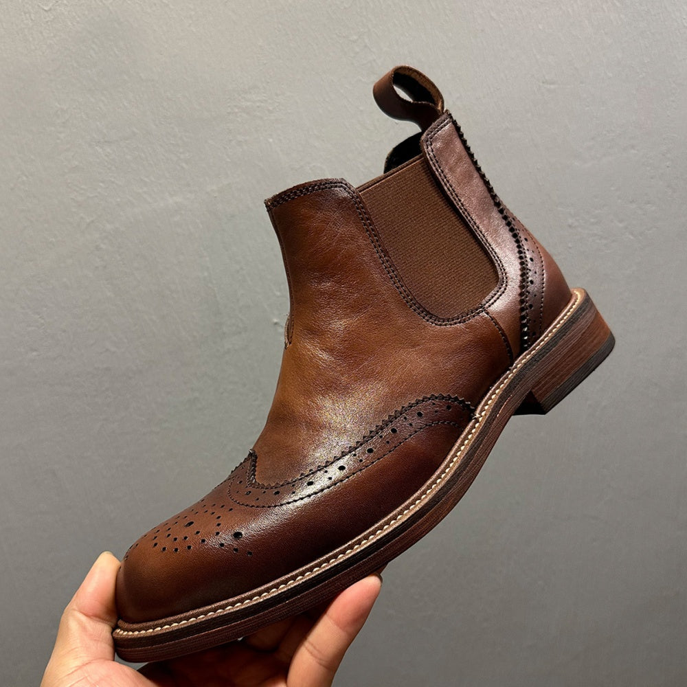 Men's high-end embossed Chelsea boots - made of top-quality leather by hand. High-top business shoes.
