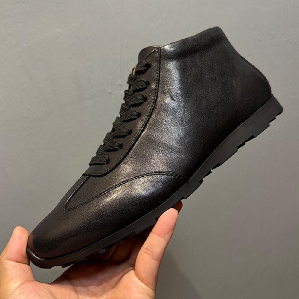 High-top men's new leather casual shoes, flat-soled lace-up boots, retro and versatile black shoes