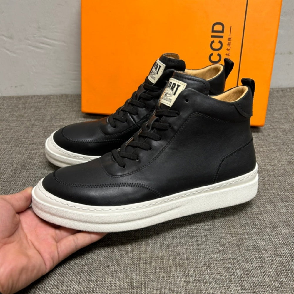 New men's high-top leather shoes, men's pure leather casual white shoes, men's short boots