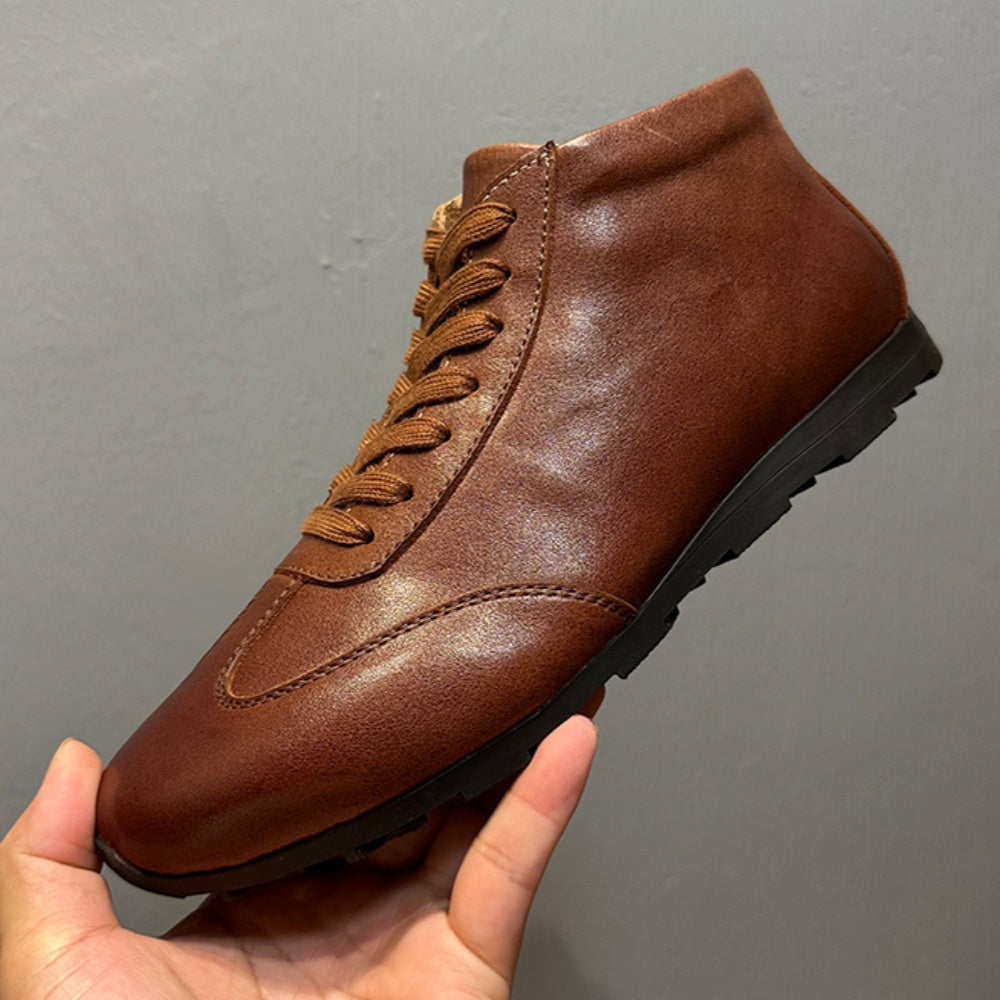 High-top men's new leather casual shoes, flat-soled lace-up boots, retro and versatile black shoes