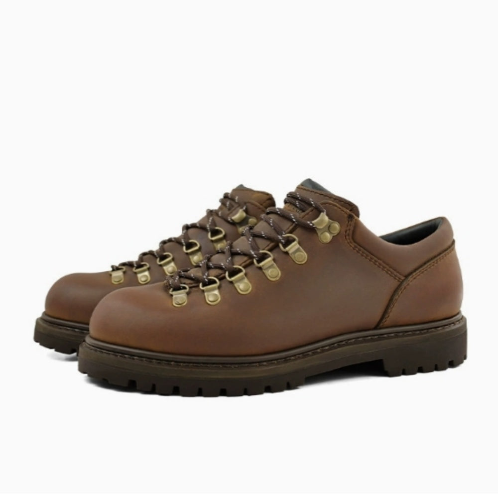 WL Dark brown wild horse head-toe leather round-top vintage hiking shoes for men, low heel boots