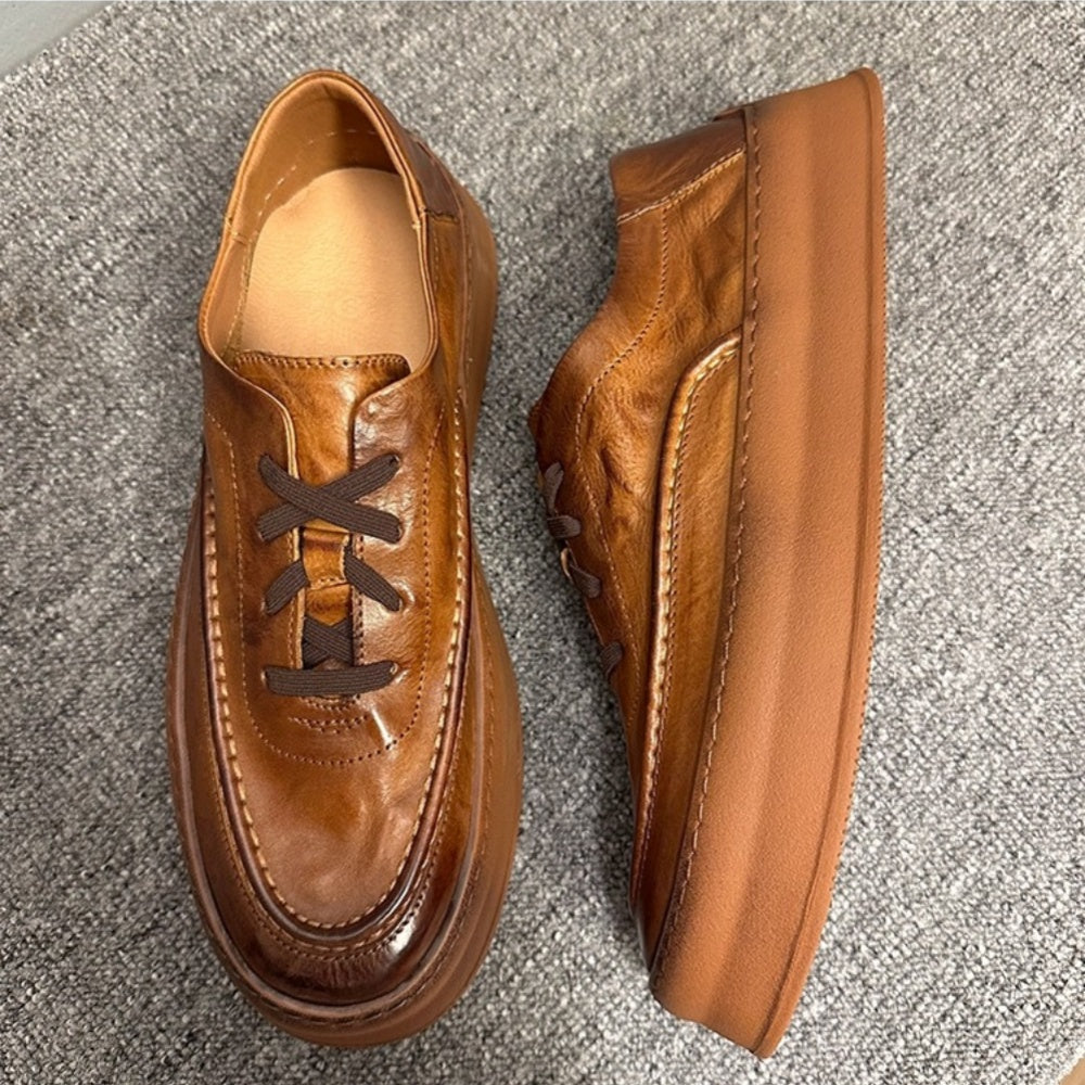 Retro men's soft leather shoes - lace-up thick-soled, casual, durable and multi-functional flat shoes