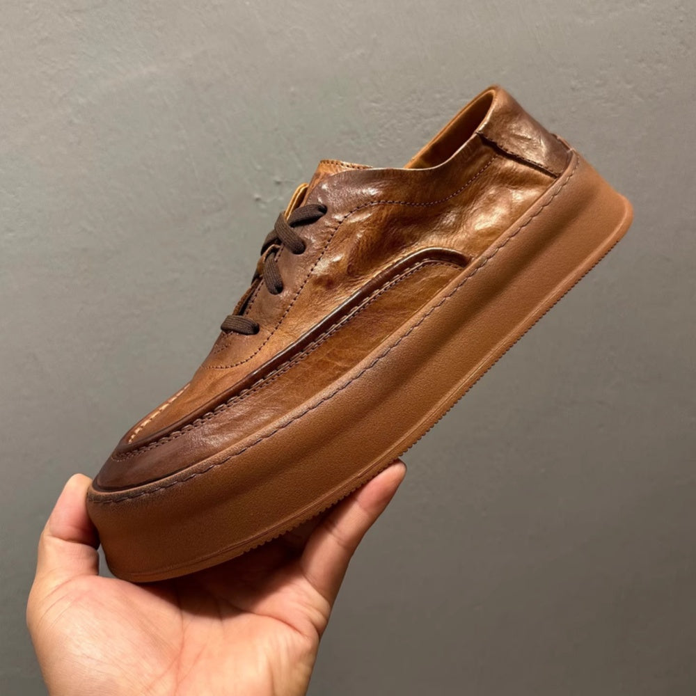 Retro men's soft leather shoes - lace-up thick-soled, casual, durable and multi-functional flat shoes