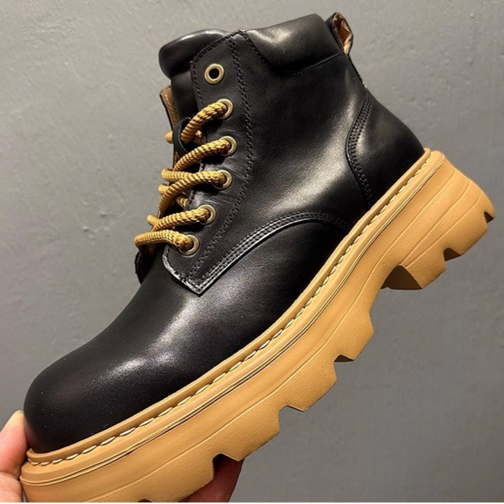 Leather thick-soled high-top casual ankle boots, chunky heel men's boots, Chelsea boots