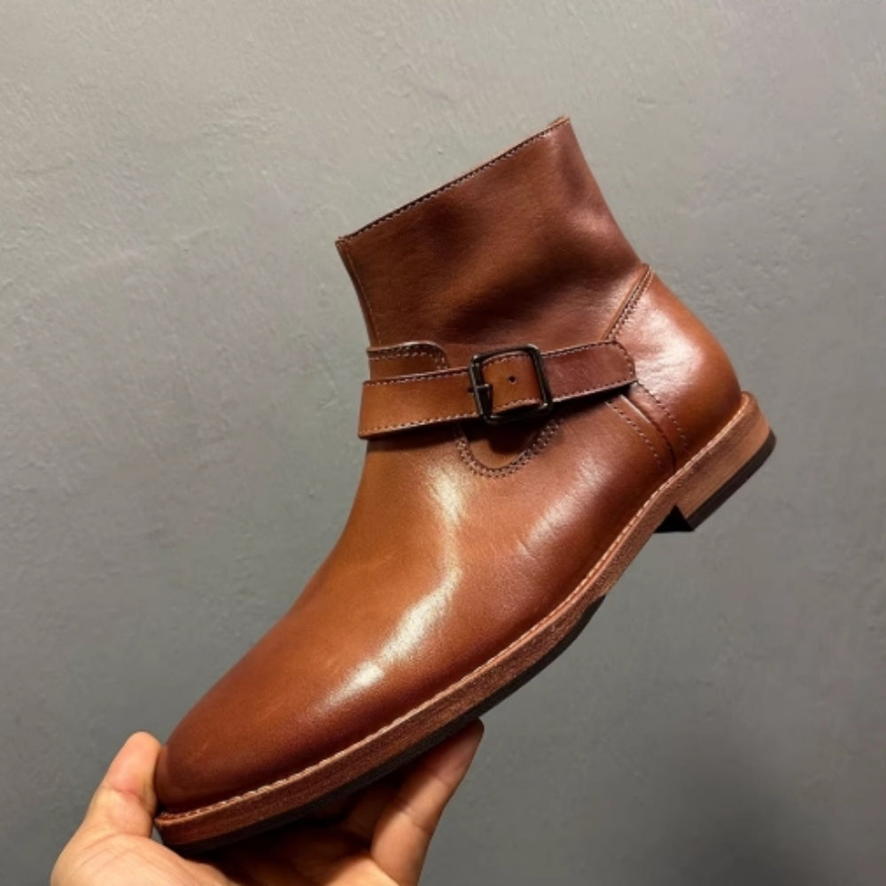 Handmade leather casual lace-up ankle boots for men. Genuine leather sole. Adjustable straps.