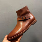 Handmade leather casual lace-up ankle boots for men. Genuine leather sole. Adjustable straps.