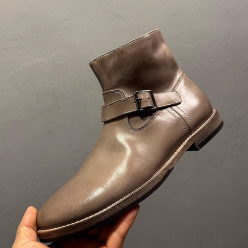 Handmade leather casual lace-up ankle boots for men. Genuine leather sole. Adjustable straps.