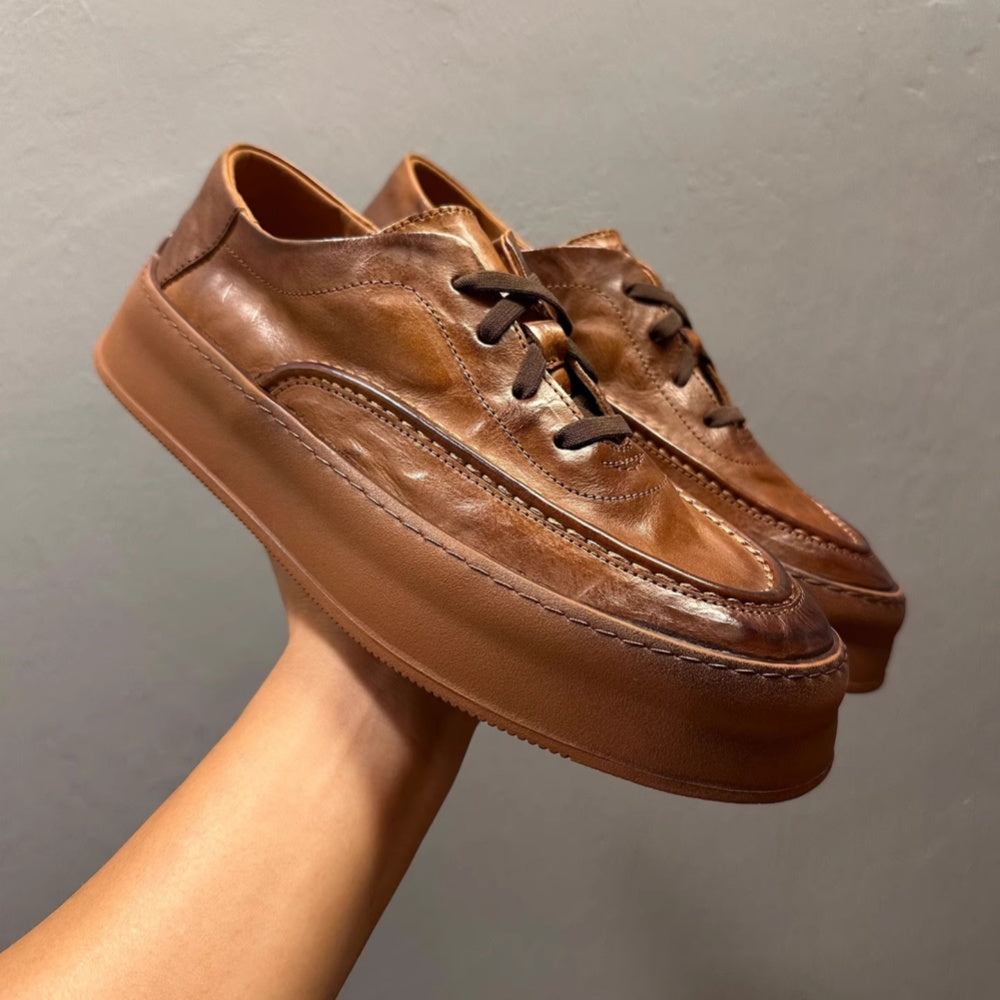 Retro men's soft leather shoes - lace-up thick-soled, casual, durable and multi-functional flat shoes