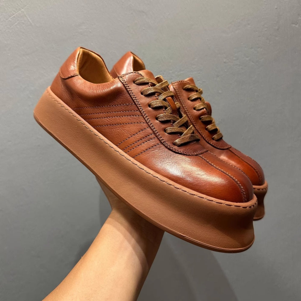 Retro cowhide casual men's shoes, thick-soled platform shoes - fashionable sports shoes