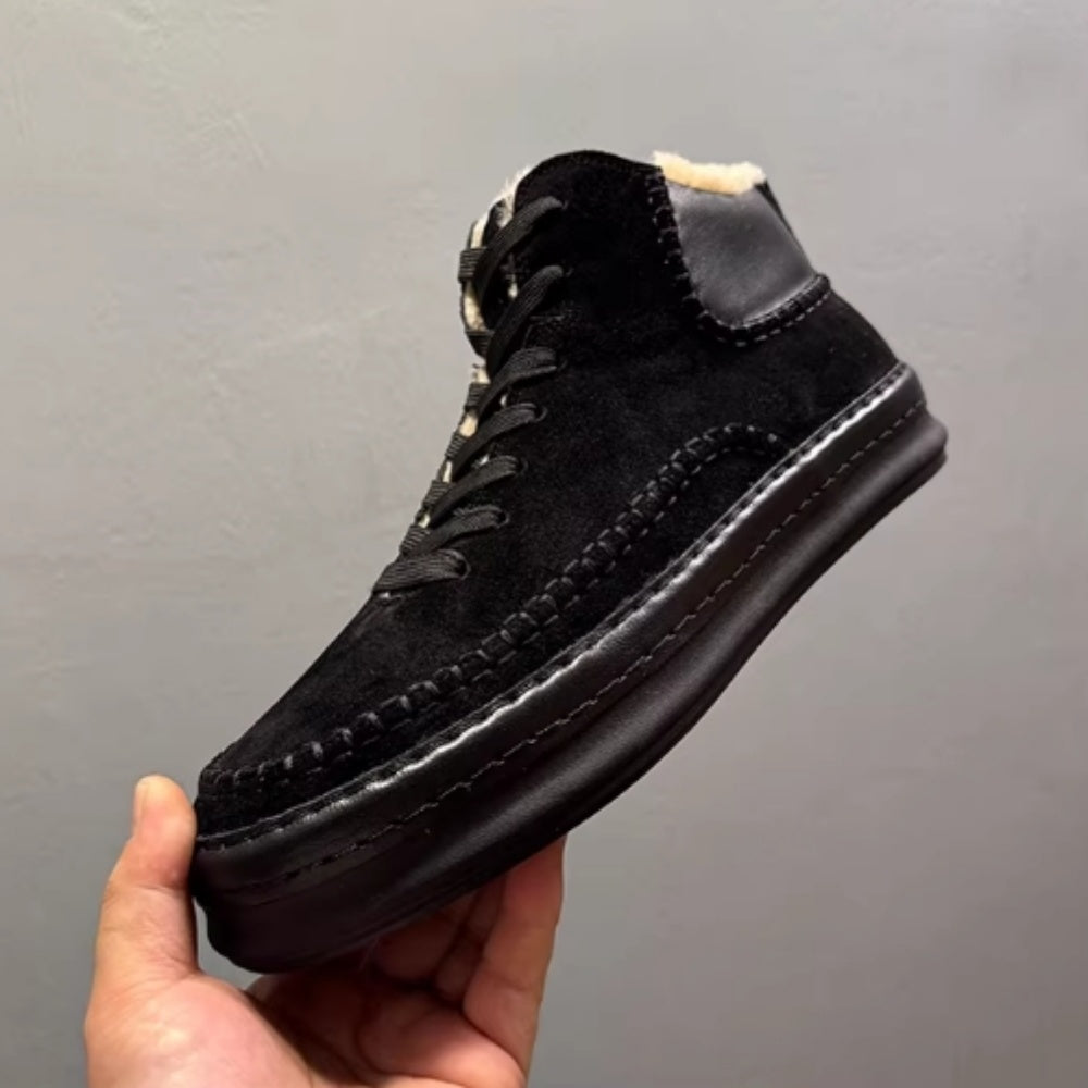 Men's casual wool leather high-top shoes, with soft soles. Winter double-stitched short boots.