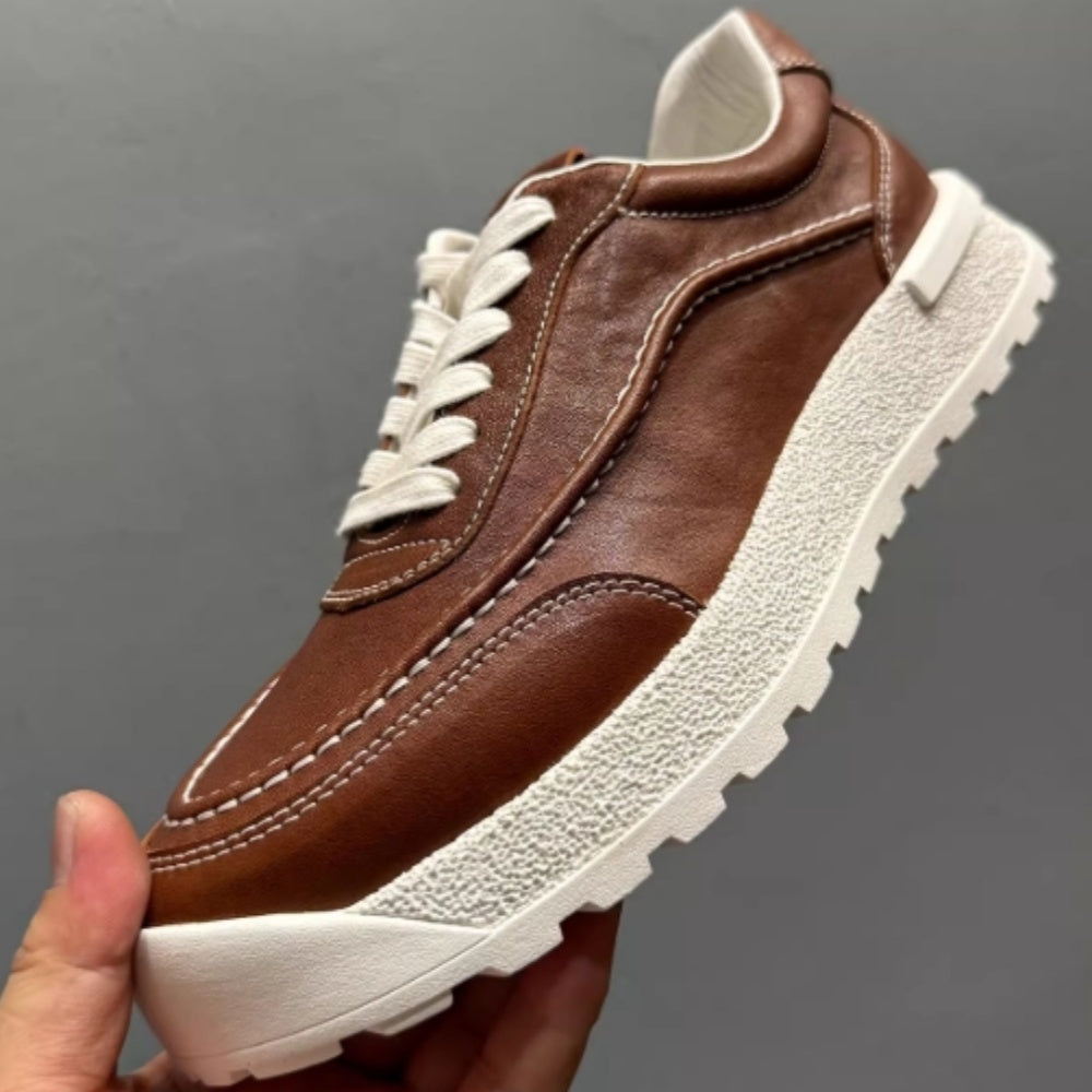 Leather board shoes - New trendy casual shoes, pure leather thick-soled sports shoes, men's work boots