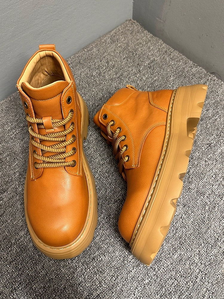 Leather thick-soled high-top casual ankle boots, chunky heel men's boots, Chelsea boots