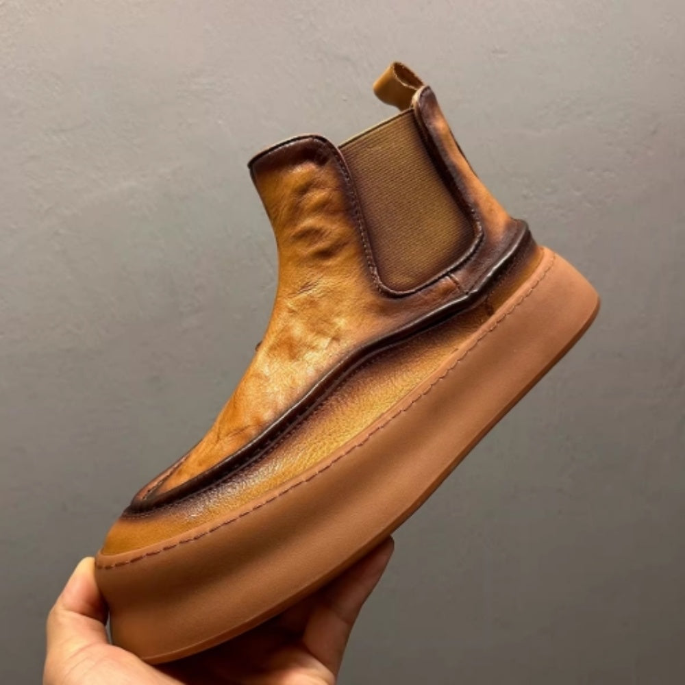 Men's genuine leather thick-soled high-top Chelsea boots, retro casual and fashionable ankle boots