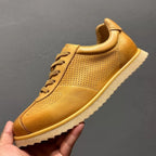 Leather hollowed-out breathable casual sneakers, retro-style perforated soft leather sports shoes