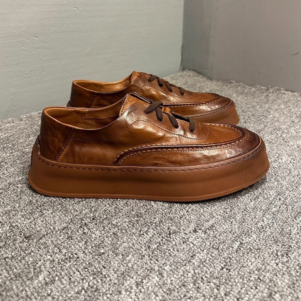 Retro men's soft leather shoes - lace-up thick-soled, casual, durable and multi-functional flat shoes