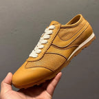 Men's leather perforated breathable shoes, with a retro and casual style, flat sole, men's style shoes