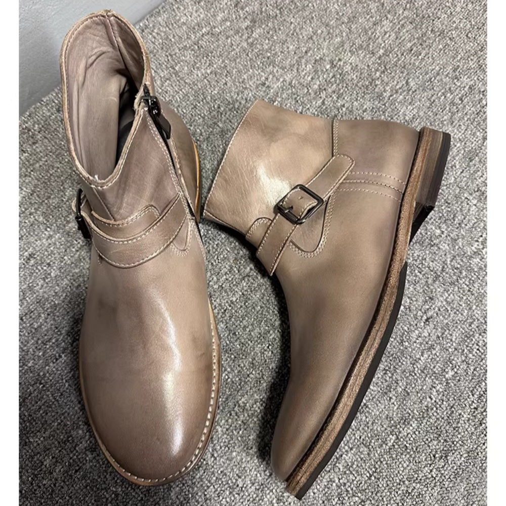 Handmade leather casual lace-up ankle boots for men. Genuine leather sole. Adjustable straps.