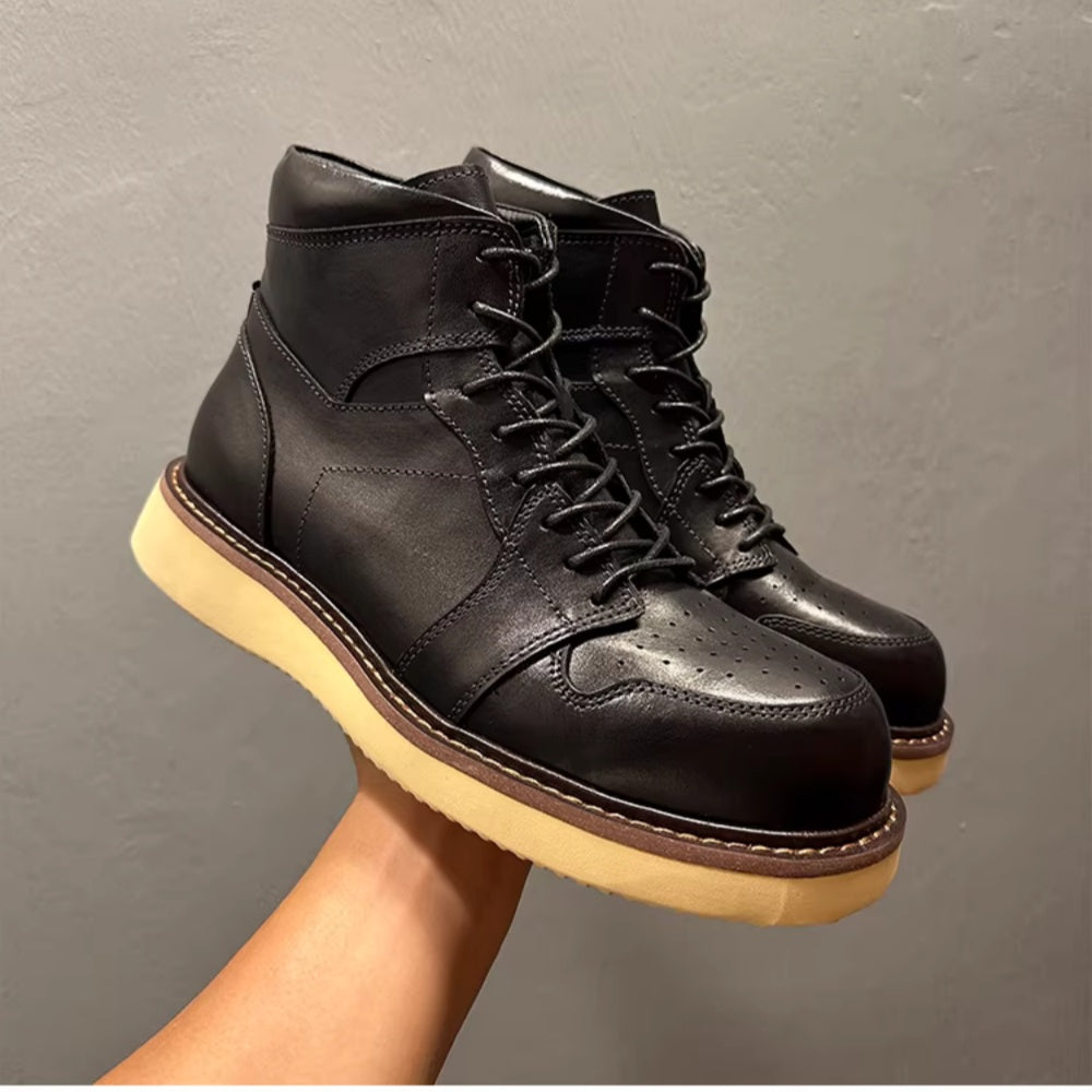 A truly top-quality leather-made retro high-top casual fashion work boots, suitable for men to wear.