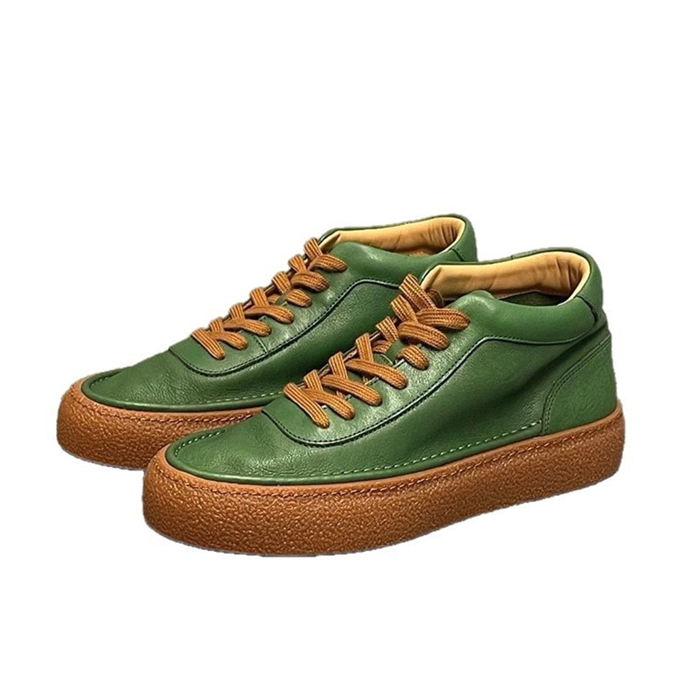 High-top green men's leather boots, designed to be comfortable and soft, are a casual style of boots.