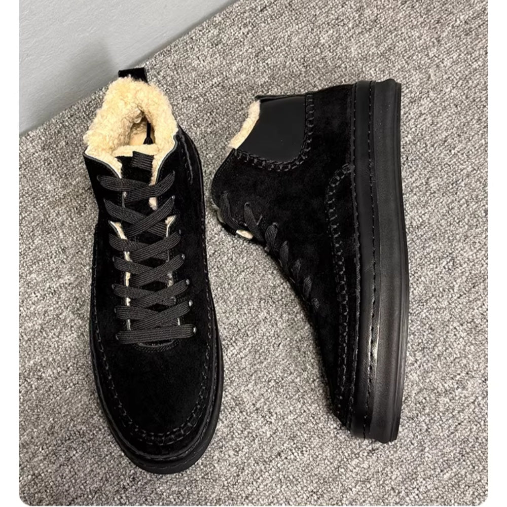 Men's casual wool leather high-top shoes, with soft soles. Winter double-stitched short boots.